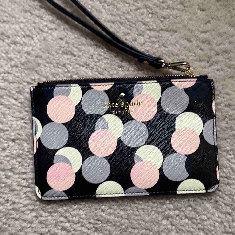 Kate Spade Black Wristlet with Pastel Polka Dots